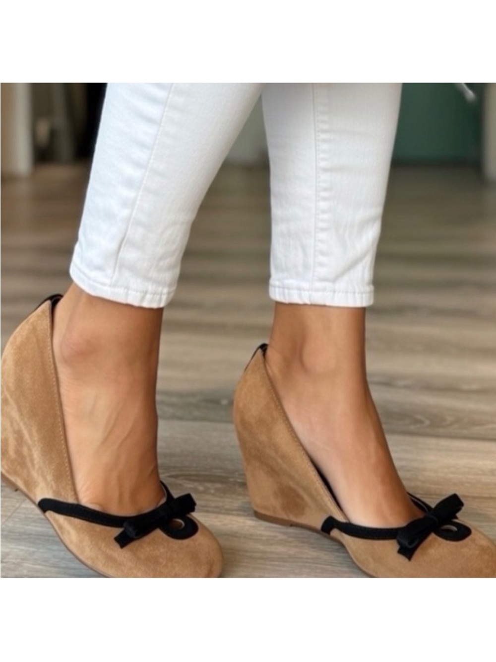 Jeffrey Campbell Tan Suede Wedges with Black Bow Accent